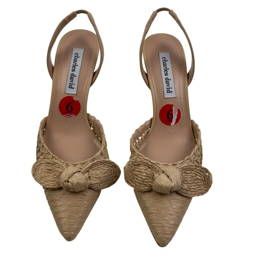 Charles David Allyson Natural Boho Raffia Bow Slingback Pumps Women's Size 6
